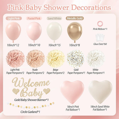 Pink Baby Shower Decorations with Nude Beige White Gold Paper Pompoms