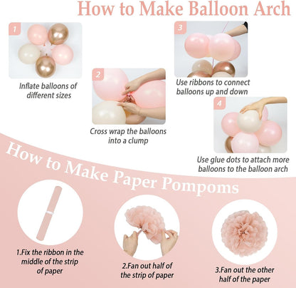 Pink Baby Shower Decorations with Nude Beige White Gold Paper Pompoms
