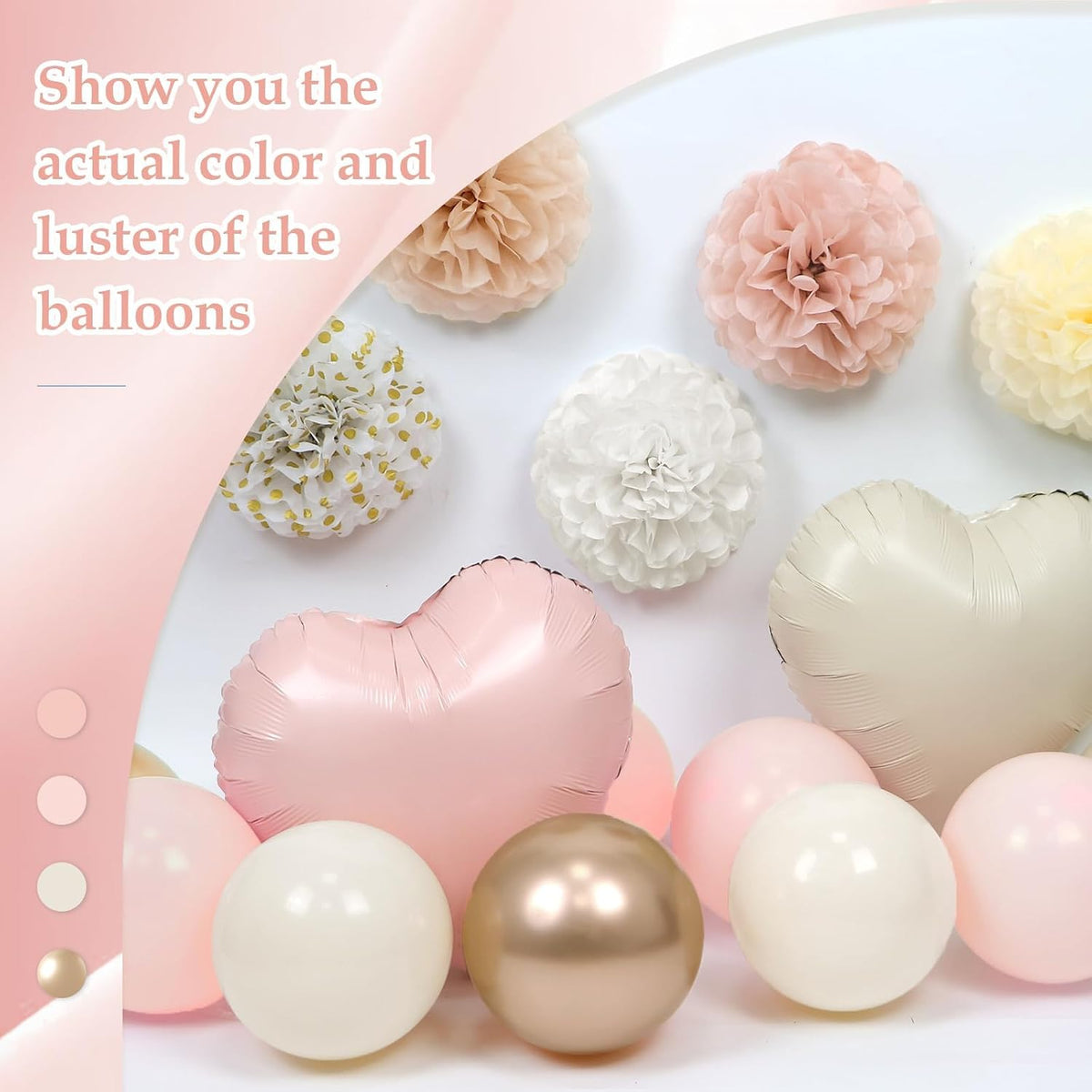 Pink Baby Shower Decorations with Nude Beige White Gold Paper Pompoms