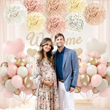 Pink Baby Shower Decorations with Nude Beige White Gold Paper Pompoms