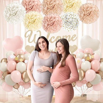 Pink Baby Shower Decorations with Nude Beige White Gold Paper Pompoms