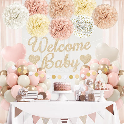 Pink Baby Shower Decorations with Nude Beige White Gold Paper Pompoms