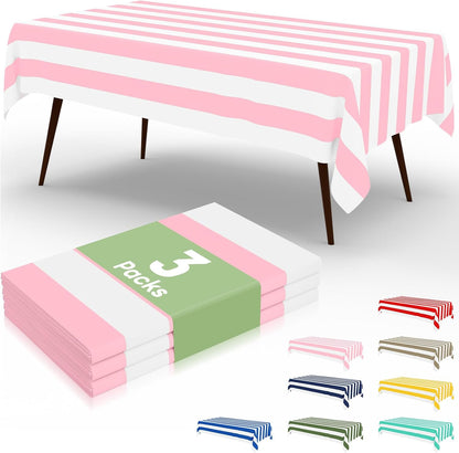 3 Packs Striped Disposable Table Cloth, 54 x 108 Inch Waterproof Rectangle Tablecloth, Leakproof & Sturdy Decorative Table Covers for Picnic, Party, Back to School and Outdoor, Pink and White