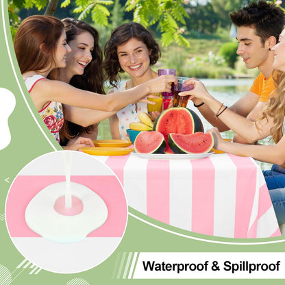 3 Packs Striped Disposable Table Cloth, 54 x 108 Inch Waterproof Rectangle Tablecloth, Leakproof & Sturdy Decorative Table Covers for Picnic, Party, Back to School and Outdoor, Pink and White