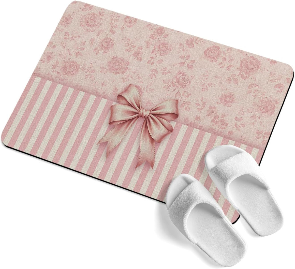 Pink Bowknot Stone Bath Mat, Distressed Rustic Pink Floral Stripes 24" x 36" Super Absorbent, Dries Quickly, Non-Slip Diatomaceous Earth Bath Mats for Bathroom Kitchen Laundry