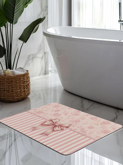 Pink Bowknot Stone Bath Mat, Distressed Rustic Pink Floral Stripes 24" x 36" Super Absorbent, Dries Quickly, Non-Slip Diatomaceous Earth Bath Mats for Bathroom Kitchen Laundry