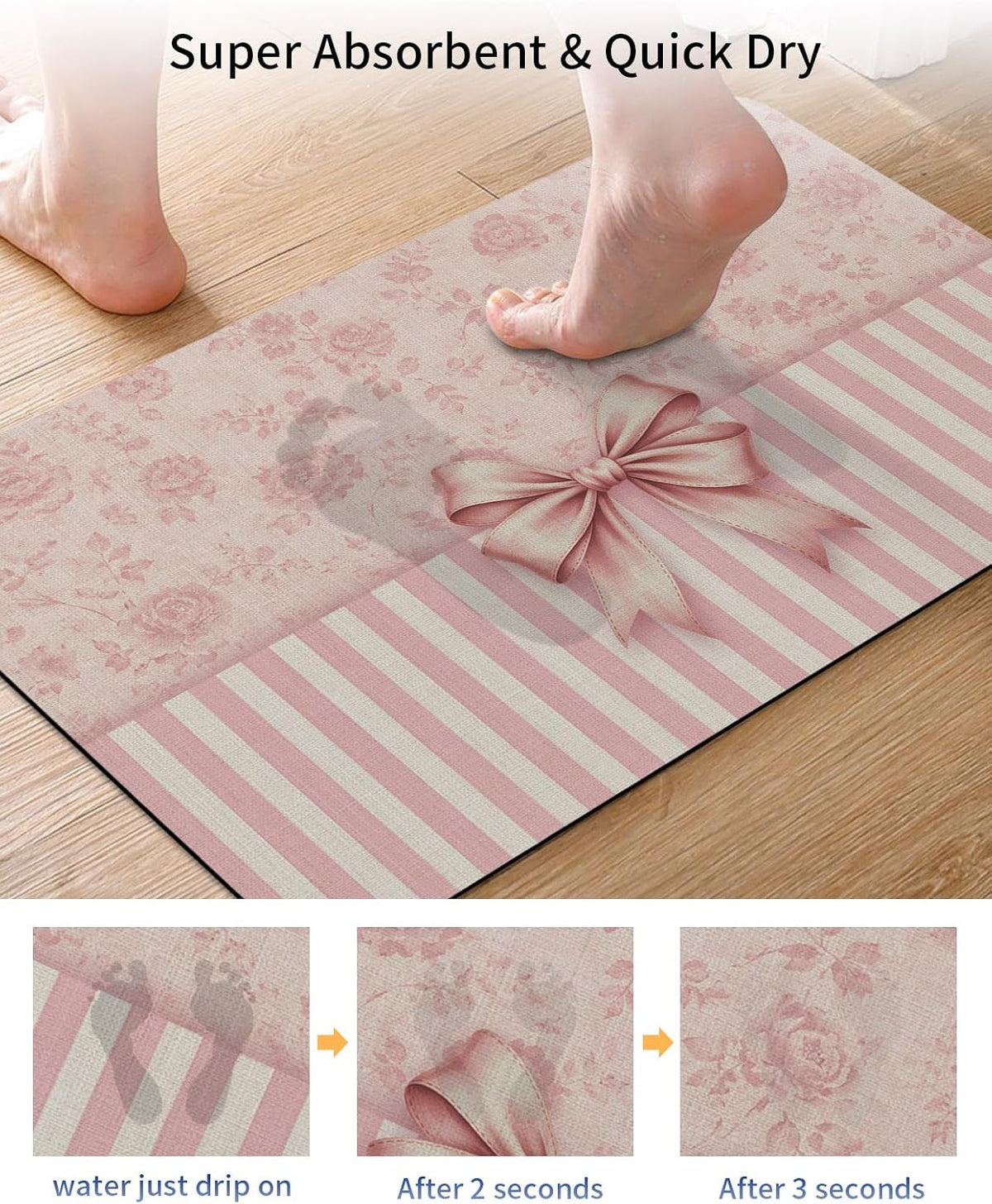 Pink Bowknot Stone Bath Mat, Distressed Rustic Pink Floral Stripes 24" x 36" Super Absorbent, Dries Quickly, Non-Slip Diatomaceous Earth Bath Mats for Bathroom Kitchen Laundry