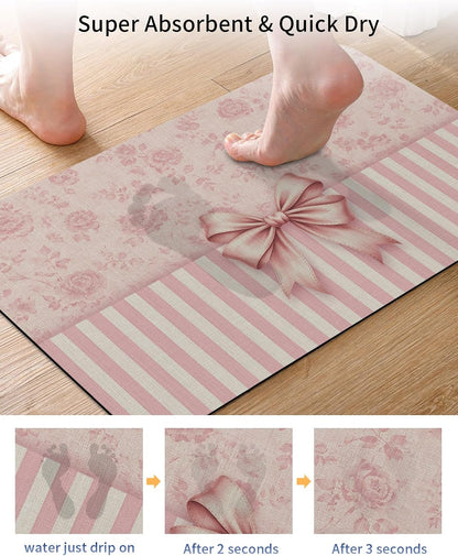 Pink Bowknot Stone Bath Mat, Distressed Rustic Pink Floral Stripes 24" x 36" Super Absorbent, Dries Quickly, Non-Slip Diatomaceous Earth Bath Mats for Bathroom Kitchen Laundry