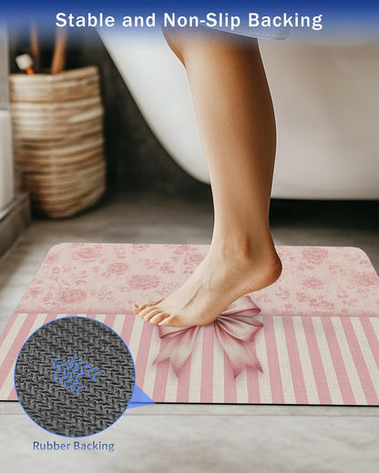 Pink Bowknot Stone Bath Mat, Distressed Rustic Pink Floral Stripes 24" x 36" Super Absorbent, Dries Quickly, Non-Slip Diatomaceous Earth Bath Mats for Bathroom Kitchen Laundry