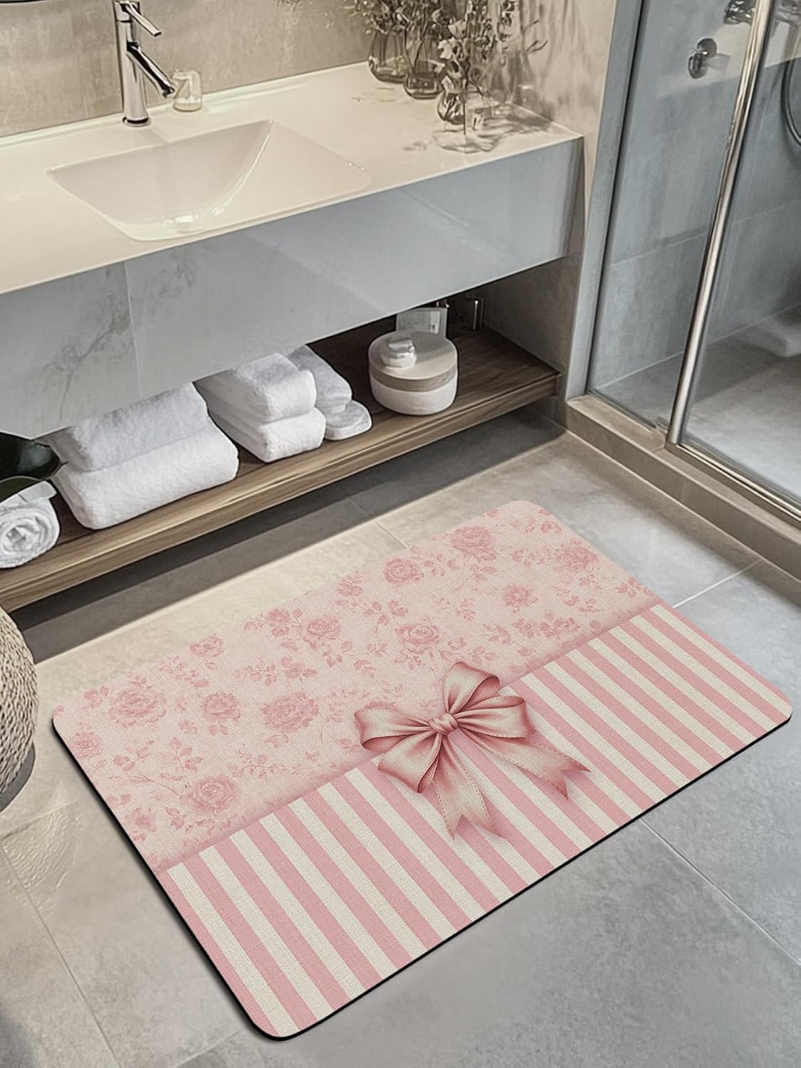 Pink Bowknot Stone Bath Mat, Distressed Rustic Pink Floral Stripes 24" x 36" Super Absorbent, Dries Quickly, Non-Slip Diatomaceous Earth Bath Mats for Bathroom Kitchen Laundry