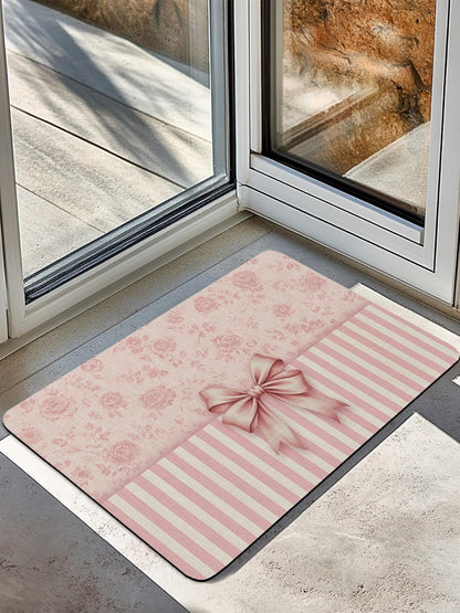 Pink Bowknot Stone Bath Mat, Distressed Rustic Pink Floral Stripes 24" x 36" Super Absorbent, Dries Quickly, Non-Slip Diatomaceous Earth Bath Mats for Bathroom Kitchen Laundry