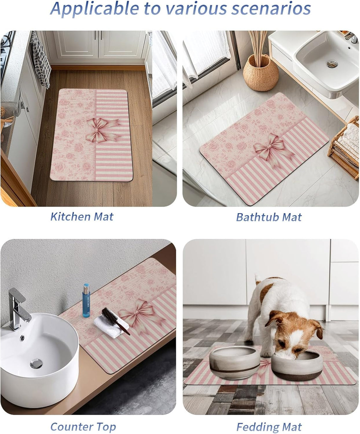 Pink Bowknot Stone Bath Mat, Distressed Rustic Pink Floral Stripes 24" x 36" Super Absorbent, Dries Quickly, Non-Slip Diatomaceous Earth Bath Mats for Bathroom Kitchen Laundry