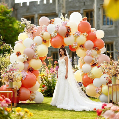 Pink Yellow Peach Balloons with Hydrangea Artificial Flowers, Pastel Pink Coral White Ivory Balloon Arch for Wildflower Baby Shower Birthday Bridal Shower Easter Tea Party Decor