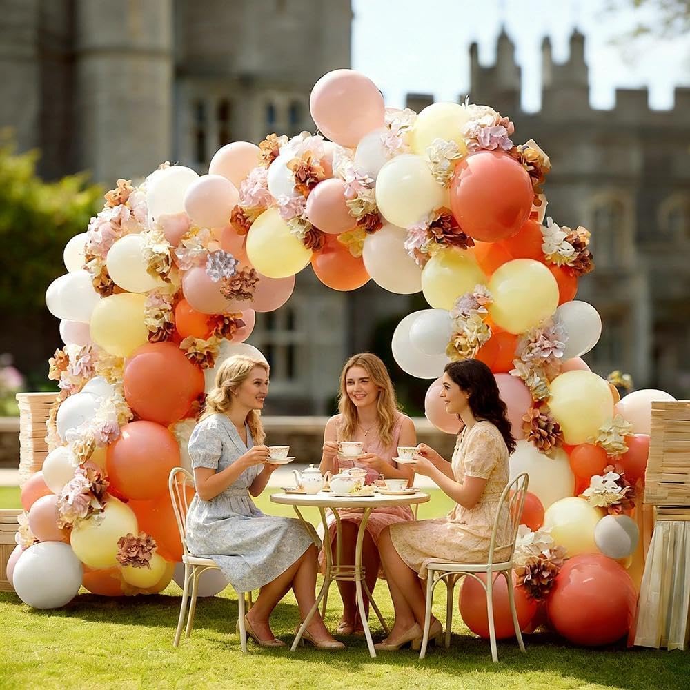 Pink Yellow Peach Balloons with Hydrangea Artificial Flowers, Pastel Pink Coral White Ivory Balloon Arch for Wildflower Baby Shower Birthday Bridal Shower Easter Tea Party Decor
