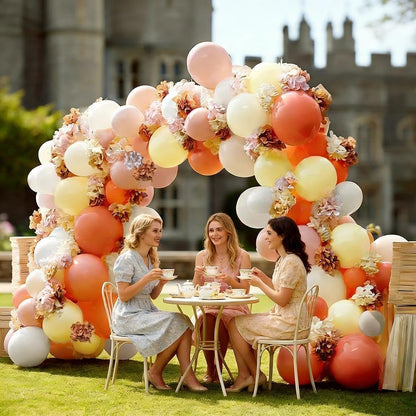 Pink Yellow Peach Balloons with Hydrangea Artificial Flowers, Pastel Pink Coral White Ivory Balloon Arch for Wildflower Baby Shower Birthday Bridal Shower Easter Tea Party Decor