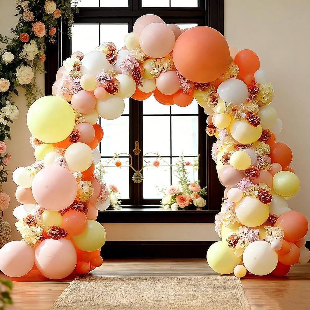 Pink Yellow Peach Balloons with Hydrangea Artificial Flowers, Pastel Pink Coral White Ivory Balloon Arch for Wildflower Baby Shower Birthday Bridal Shower Easter Tea Party Decor