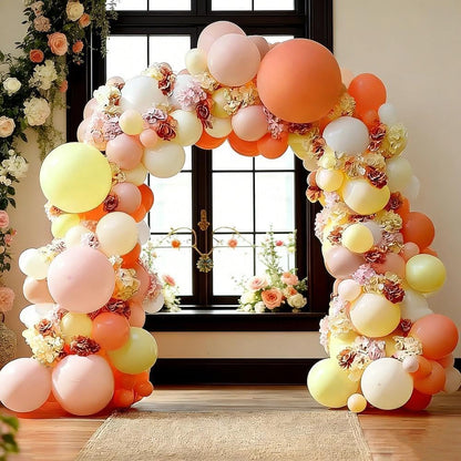 Pink Yellow Peach Balloons with Hydrangea Artificial Flowers, Pastel Pink Coral White Ivory Balloon Arch for Wildflower Baby Shower Birthday Bridal Shower Easter Tea Party Decor