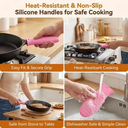 2-Pack Heat-Resistant Pot Handle Covers, Cast Iron Skillet Handle Sleeve for Kitchen Cooking, Durable Pot Handle Cover for Cast Iron Accessories & Home Use (Pink)