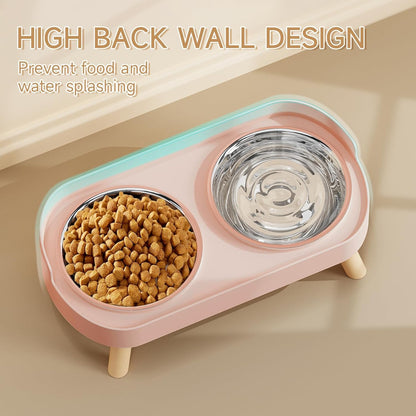 Elevated Cat Bowl, Raised Cat Food and Water Bowl Set for Indoor Cats, Splash Proof with 2 Stainless Steel Pet Food Bowls for Cats and Puppies, Whisker Fatigue and Dishwasher Safe - Pink