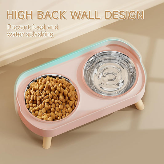 Elevated Cat Bowl, Raised Cat Food and Water Bowl Set for Indoor Cats, Splash Proof with 2 Stainless Steel Pet Food Bowls for Cats and Puppies, Whisker Fatigue and Dishwasher Safe - Pink