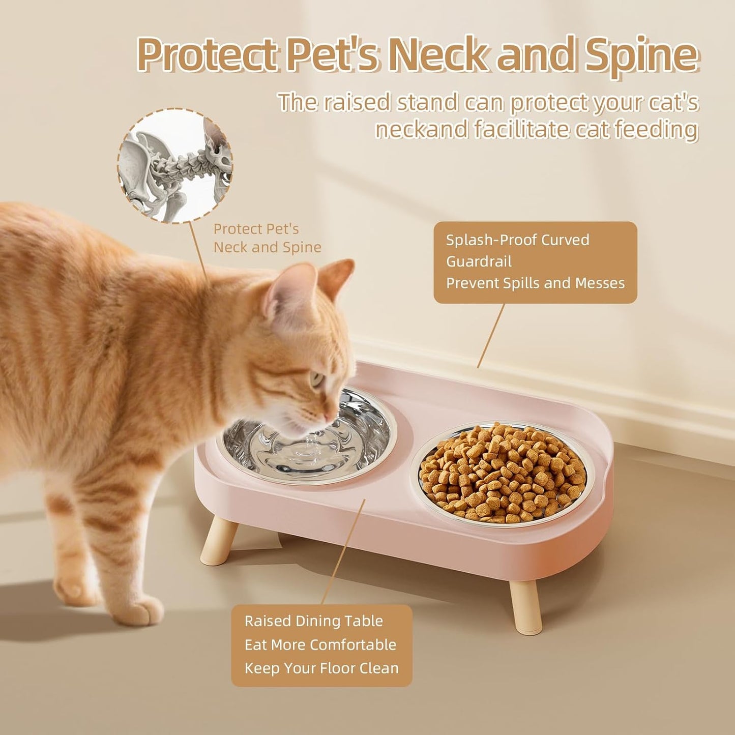 Elevated Cat Bowl, Raised Cat Food and Water Bowl Set for Indoor Cats, Splash Proof with 2 Stainless Steel Pet Food Bowls for Cats and Puppies, Whisker Fatigue and Dishwasher Safe - Pink