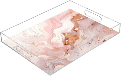 Pink Gold Marble Serving Tray 12" x 16" Acrylic Trays with Handles Decorative Serving Platter for Coffee, Breakfast in Bed, Dinner, Appetizers, Patio, Party