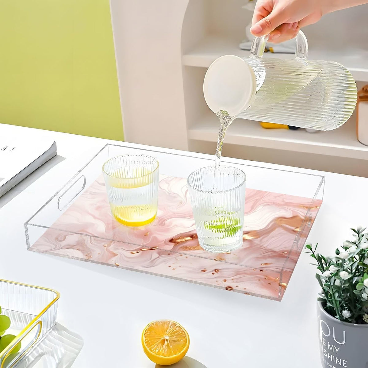Pink Gold Marble Serving Tray 12" x 16" Acrylic Trays with Handles Decorative Serving Platter for Coffee, Breakfast in Bed, Dinner, Appetizers, Patio, Party