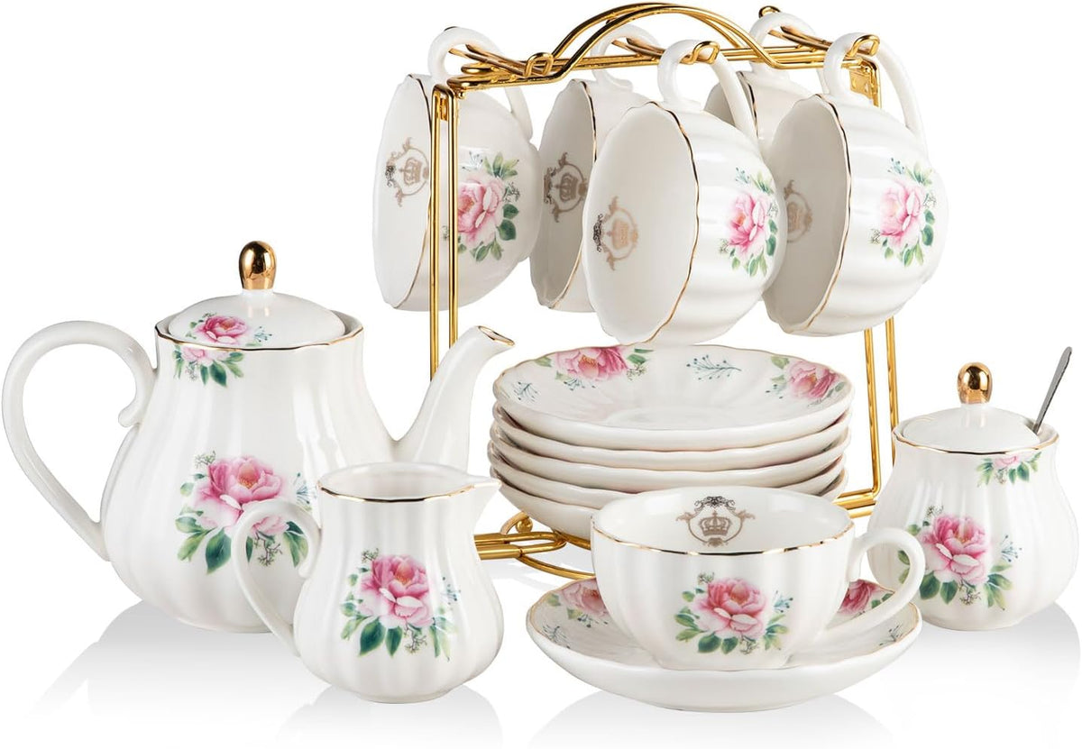 Sweejar Porcelain Tea Sets British Royal Series, 8 OZ Cups & Saucer Service for 6, with Teapot Sugar Bowl Cream Pitcher Teaspoons and Tea Strainer, Suitable for High Tea, Wedding, Party(Blush Pink)