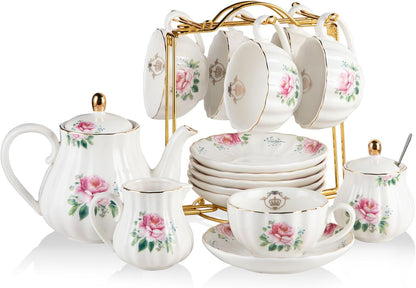 Sweejar Porcelain Tea Sets British Royal Series, 8 OZ Cups & Saucer Service for 6, with Teapot Sugar Bowl Cream Pitcher Teaspoons and Tea Strainer, Suitable for High Tea, Wedding, Party(Blush Pink)