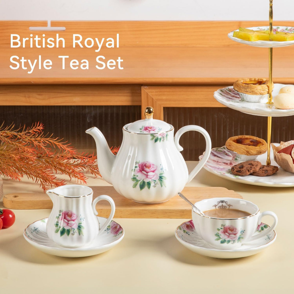 Sweejar Porcelain Tea Sets British Royal Series, 8 OZ Cups & Saucer Service for 6, with Teapot Sugar Bowl Cream Pitcher Teaspoons and Tea Strainer, Suitable for High Tea, Wedding, Party(Blush Pink)