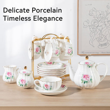 Sweejar Porcelain Tea Sets British Royal Series, 8 OZ Cups & Saucer Service for 6, with Teapot Sugar Bowl Cream Pitcher Teaspoons and Tea Strainer, Suitable for High Tea, Wedding, Party(Blush Pink)