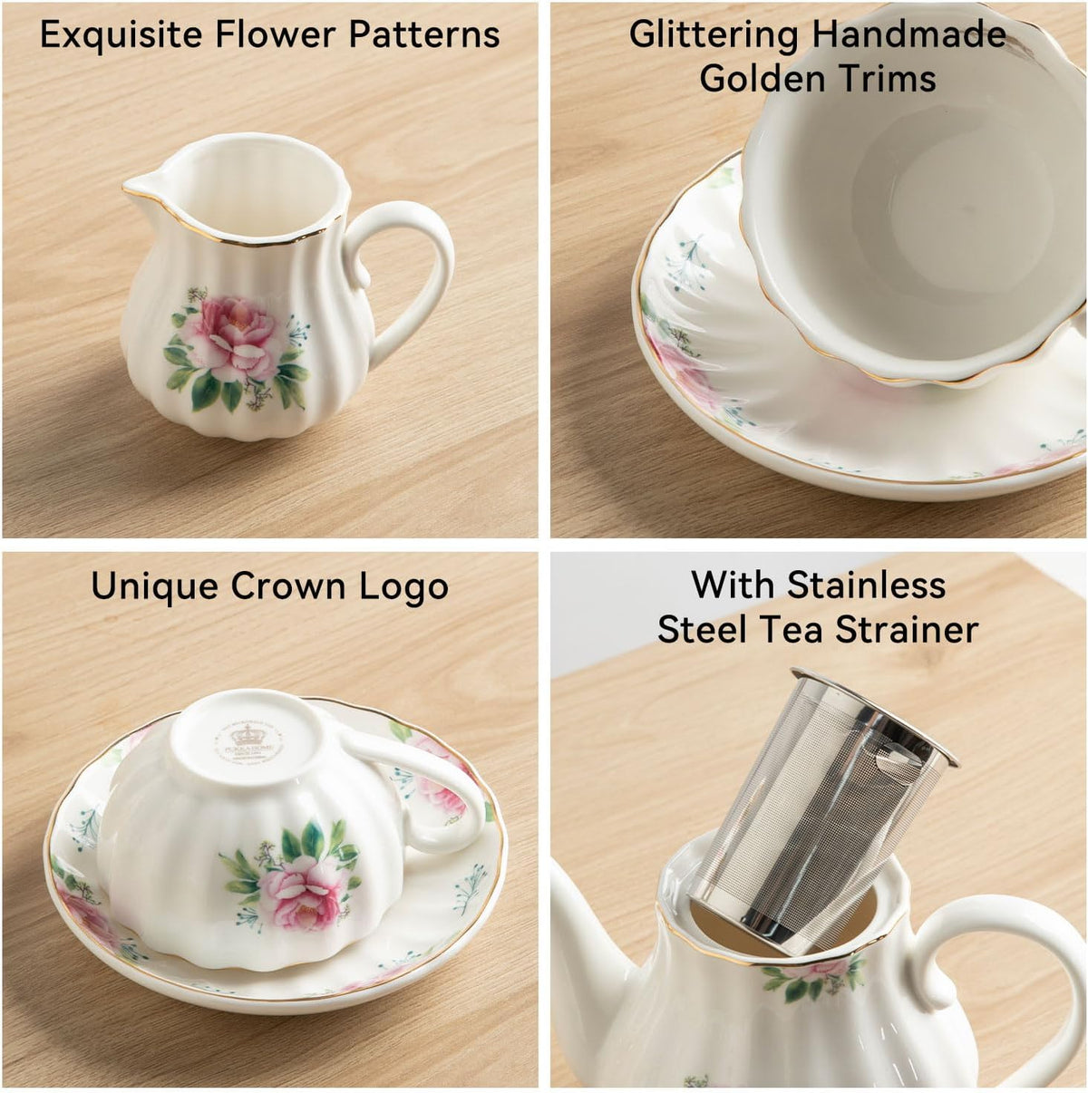 Sweejar Porcelain Tea Sets British Royal Series, 8 OZ Cups & Saucer Service for 6, with Teapot Sugar Bowl Cream Pitcher Teaspoons and Tea Strainer, Suitable for High Tea, Wedding, Party(Blush Pink)