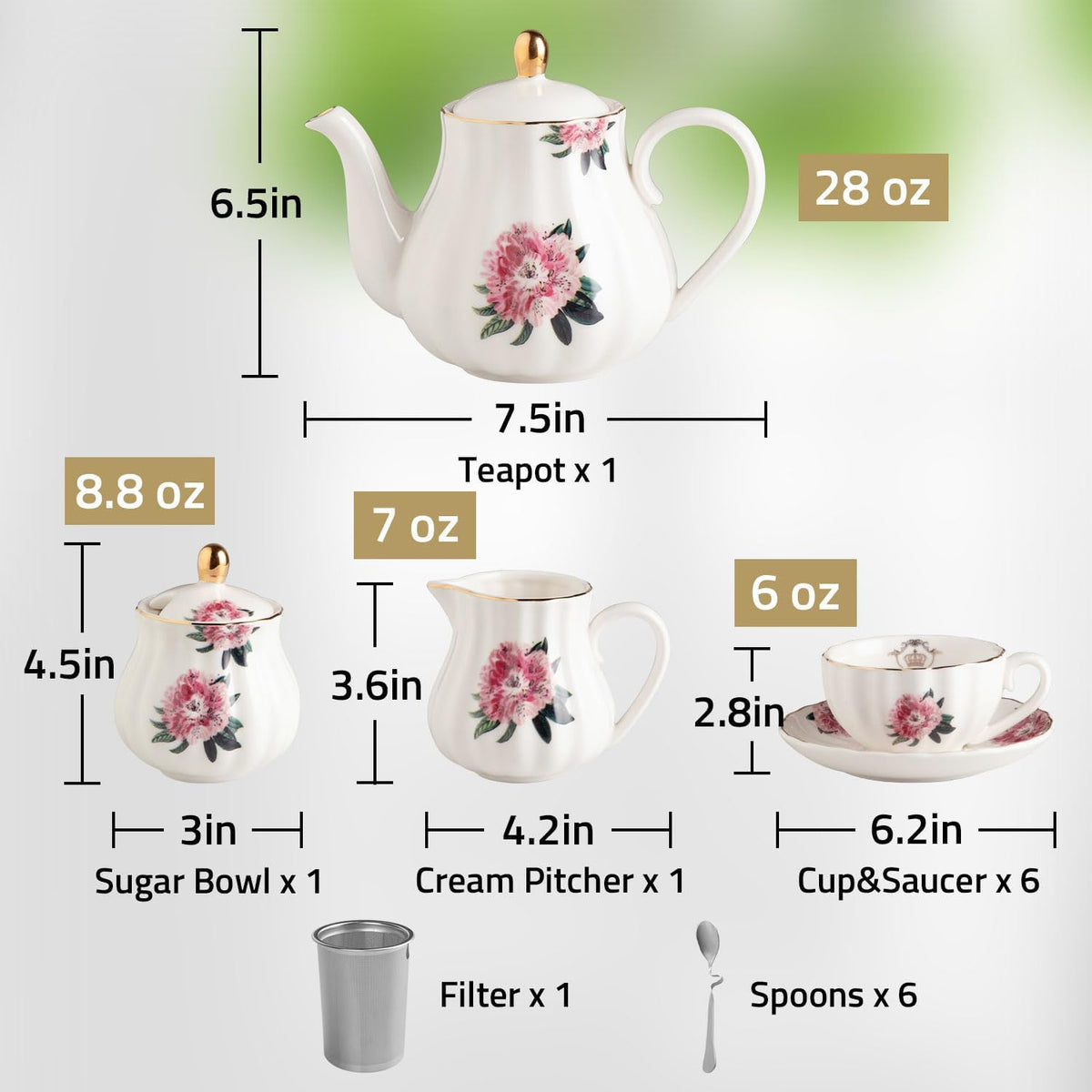 Sweejar Porcelain Tea Sets British Royal Series, 8 OZ Cups & Saucer Service for 6, with Teapot Sugar Bowl Cream Pitcher Teaspoons and Tea Strainer, Suitable for High Tea, Wedding, Party(Blush Pink)