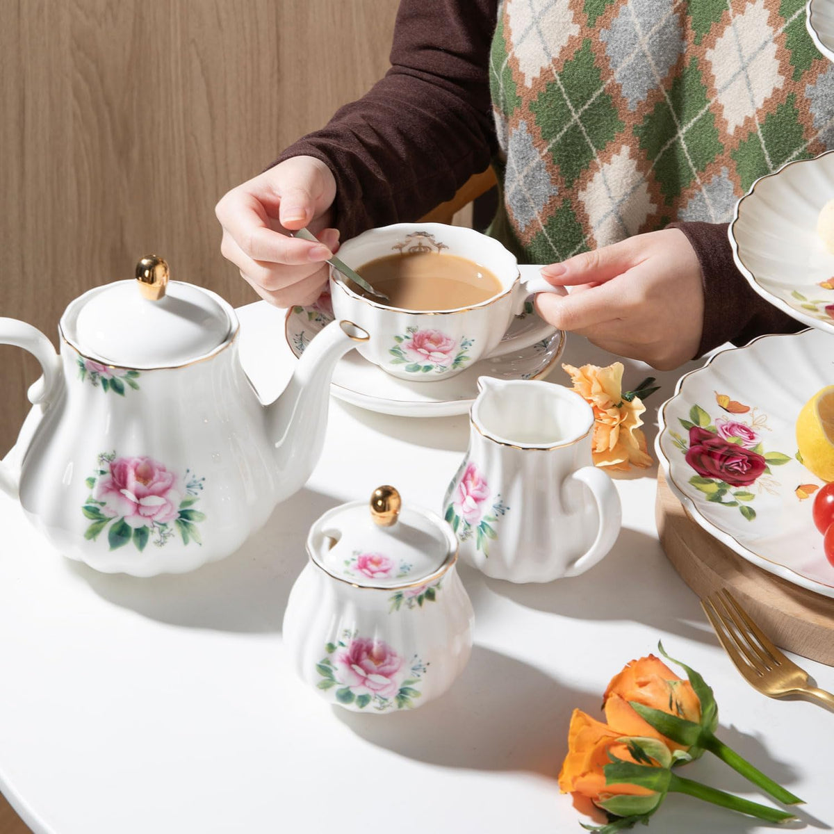 Sweejar Porcelain Tea Sets British Royal Series, 8 OZ Cups & Saucer Service for 6, with Teapot Sugar Bowl Cream Pitcher Teaspoons and Tea Strainer, Suitable for High Tea, Wedding, Party(Blush Pink)