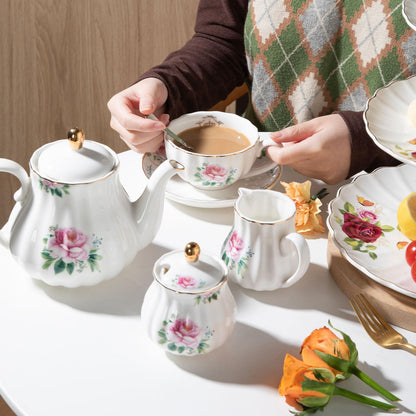 Sweejar Porcelain Tea Sets British Royal Series, 8 OZ Cups & Saucer Service for 6, with Teapot Sugar Bowl Cream Pitcher Teaspoons and Tea Strainer, Suitable for High Tea, Wedding, Party(Blush Pink)