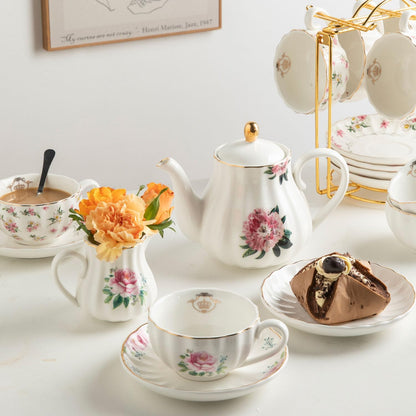 Sweejar Porcelain Tea Sets British Royal Series, 8 OZ Cups & Saucer Service for 6, with Teapot Sugar Bowl Cream Pitcher Teaspoons and Tea Strainer, Suitable for High Tea, Wedding, Party(Blush Pink)