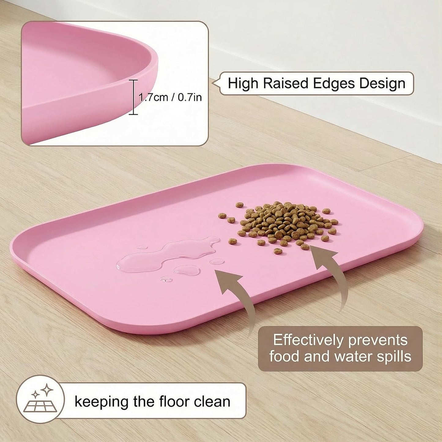 Non-Slip Silicone Dog Food Mat for Food and Water, 18" x 12" Raised Edge Pet Feeding Mat - Waterproof Dog Bowl Mat Easy Clean for Floor Protector,Pink