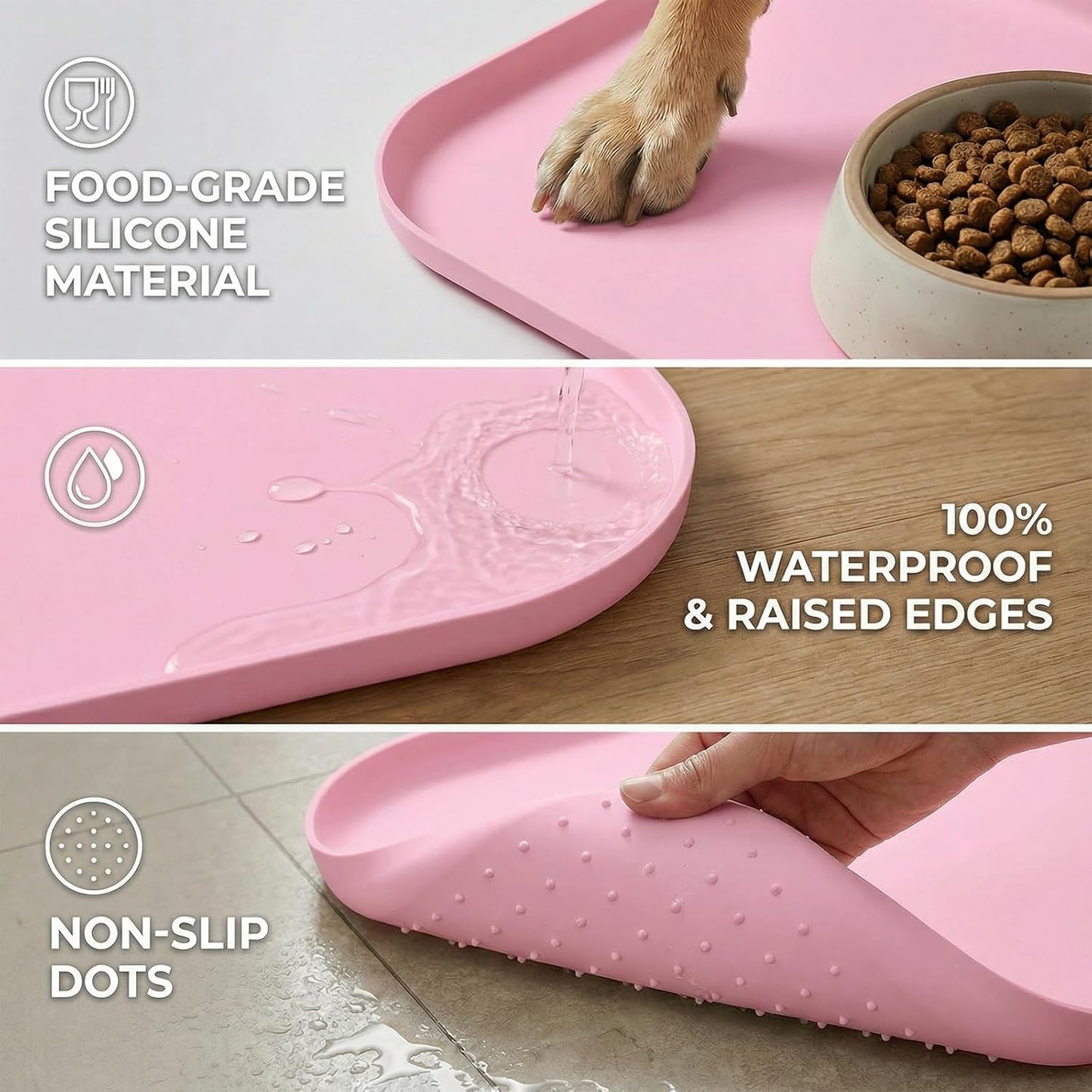 Non-Slip Silicone Dog Food Mat for Food and Water, 18" x 12" Raised Edge Pet Feeding Mat - Waterproof Dog Bowl Mat Easy Clean for Floor Protector,Pink