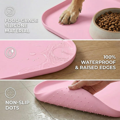 Non-Slip Silicone Dog Food Mat for Food and Water, 18" x 12" Raised Edge Pet Feeding Mat - Waterproof Dog Bowl Mat Easy Clean for Floor Protector,Pink