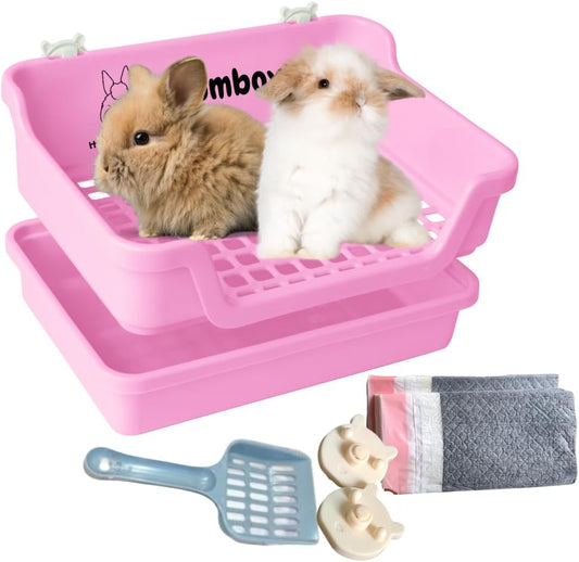 Bumbox Large Rabbit Litter Box, 15.75" Training Cage with Plastic Grid for Small Animals, Indoor/Outdoor, Pink