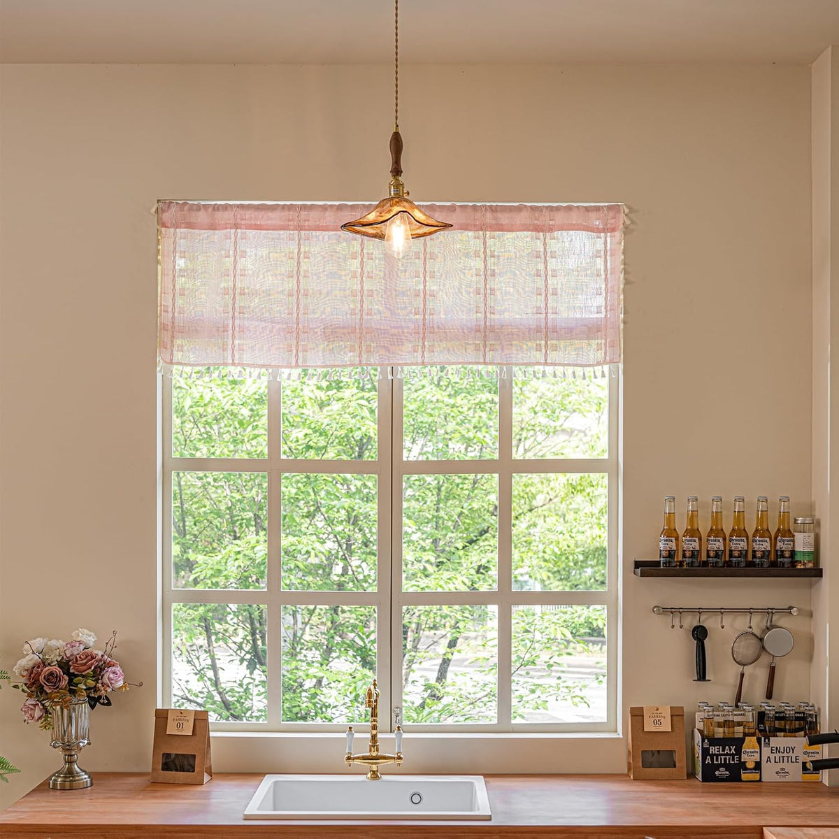 Boho Valance Kitchen Short Curtain Tassel, Textured Striped Drape Light Filtering Tier Embroidered Chic Window Treatment for Cafe Dinging Room Closet, W52 x L18 inch SINGLE 1 Panel Blush Pink
