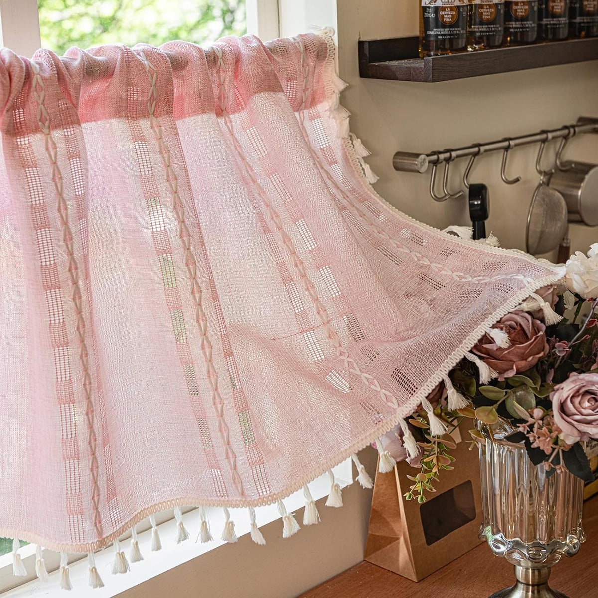 Boho Valance Kitchen Short Curtain Tassel, Textured Striped Drape Light Filtering Tier Embroidered Chic Window Treatment for Cafe Dinging Room Closet, W52 x L18 inch SINGLE 1 Panel Blush Pink