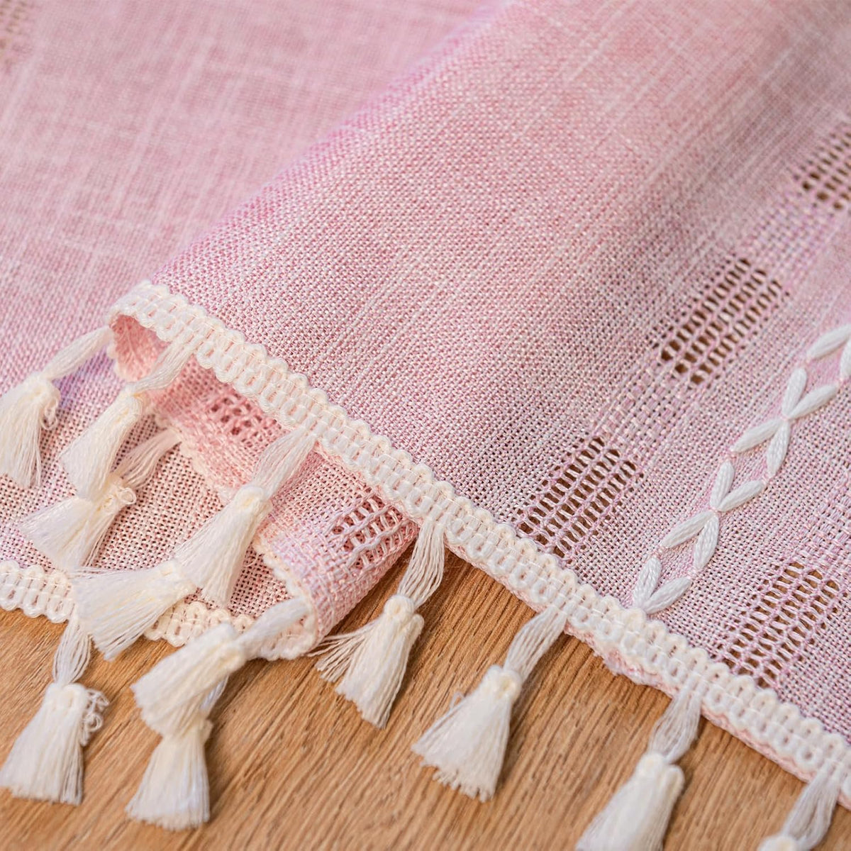 Boho Valance Kitchen Short Curtain Tassel, Textured Striped Drape Light Filtering Tier Embroidered Chic Window Treatment for Cafe Dinging Room Closet, W52 x L18 inch SINGLE 1 Panel Blush Pink