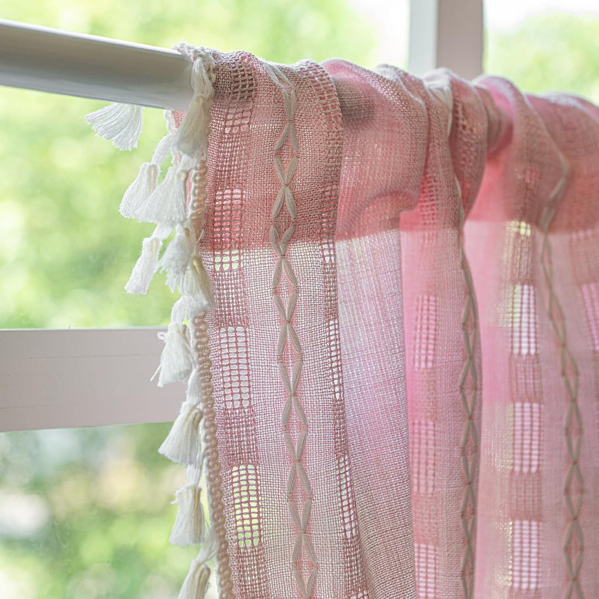 Boho Valance Kitchen Short Curtain Tassel, Textured Striped Drape Light Filtering Tier Embroidered Chic Window Treatment for Cafe Dinging Room Closet, W52 x L18 inch SINGLE 1 Panel Blush Pink