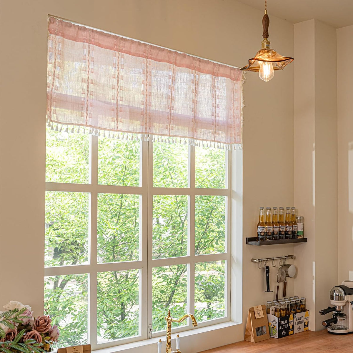 Boho Valance Kitchen Short Curtain Tassel, Textured Striped Drape Light Filtering Tier Embroidered Chic Window Treatment for Cafe Dinging Room Closet, W52 x L18 inch SINGLE 1 Panel Blush Pink