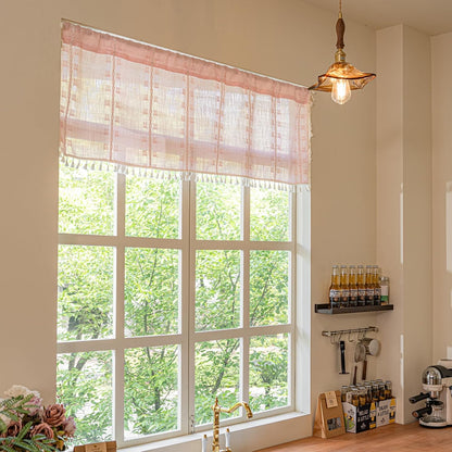 Boho Valance Kitchen Short Curtain Tassel, Textured Striped Drape Light Filtering Tier Embroidered Chic Window Treatment for Cafe Dinging Room Closet, W52 x L18 inch SINGLE 1 Panel Blush Pink