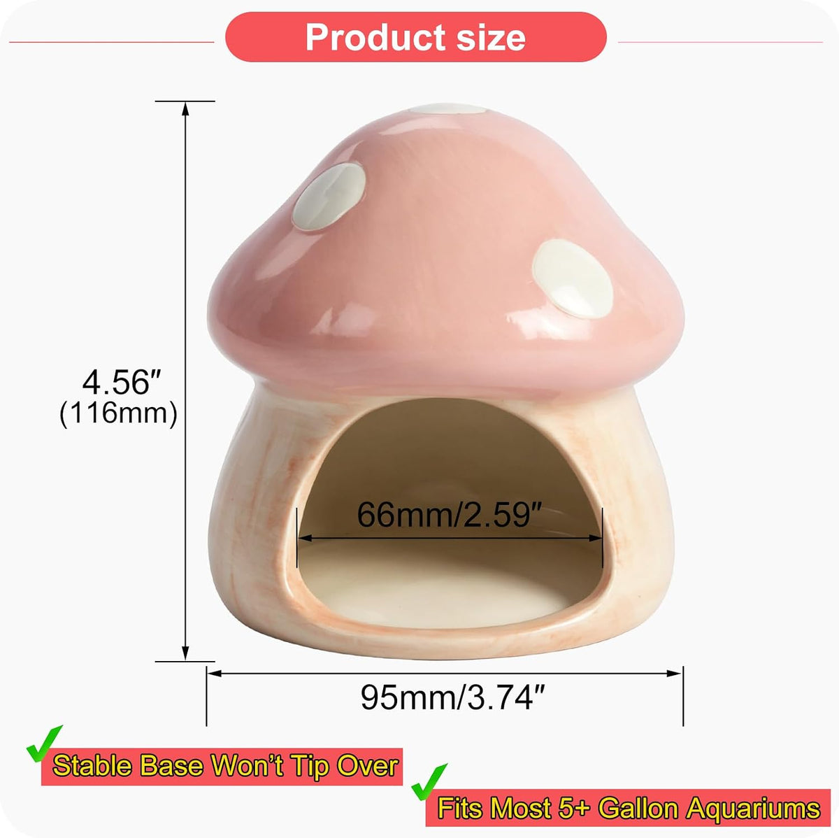 Betta Fish Tank Accessories Decor Cute Ceramic Mushroom House, Pink