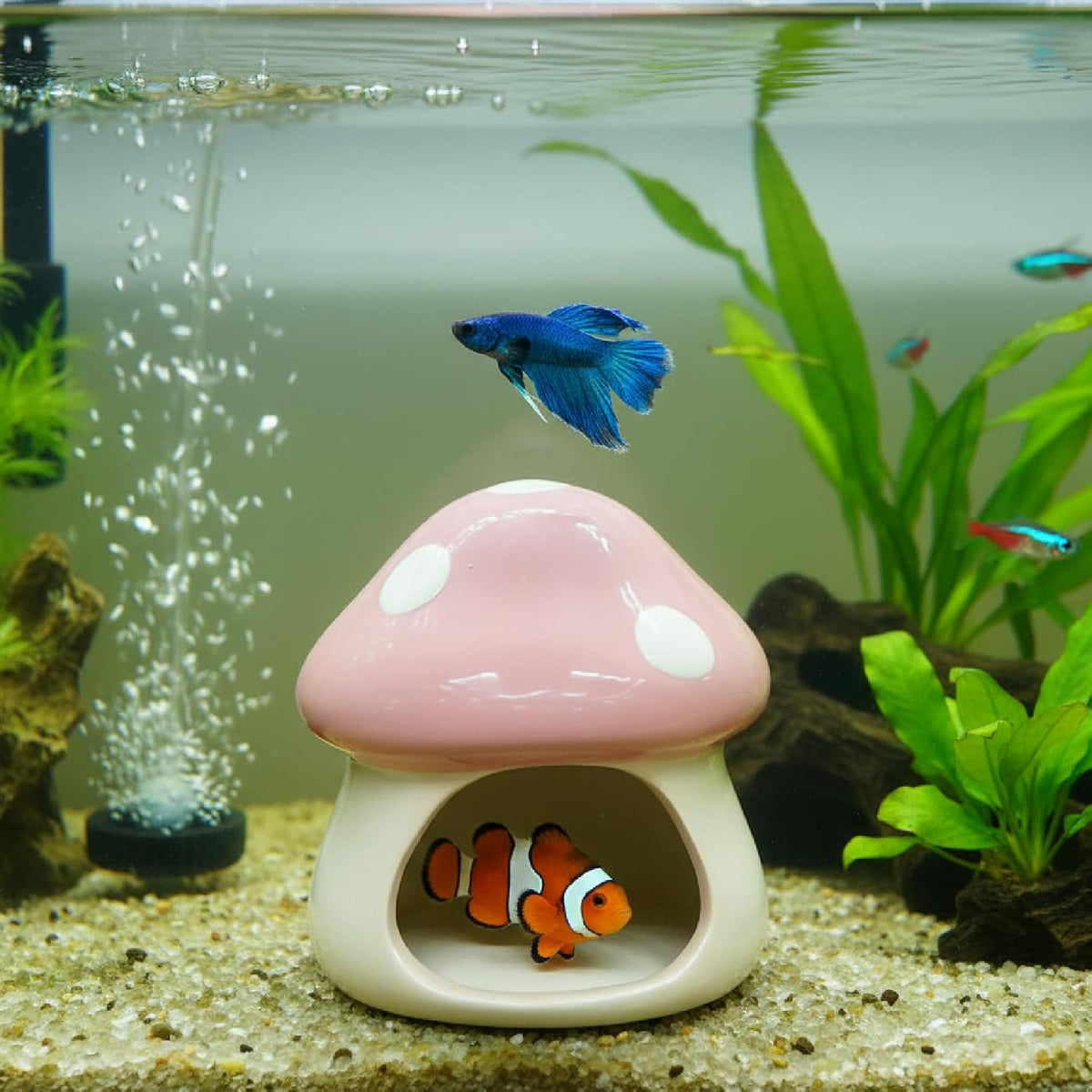 Betta Fish Tank Accessories Decor Cute Ceramic Mushroom House, Pink