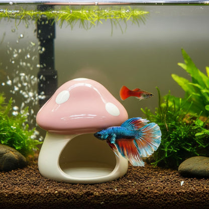 Betta Fish Tank Accessories Decor Cute Ceramic Mushroom House, Pink