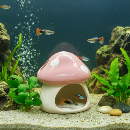 Betta Fish Tank Accessories Decor Cute Ceramic Mushroom House, Pink
